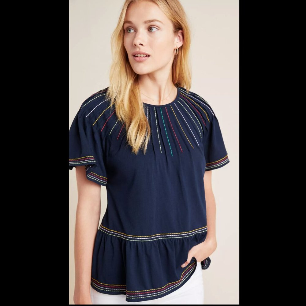 Anthropologie Maeve Top Navy Blue Cotton Short Sleeve Rainbow Embroidery  SZ XL